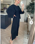 Full Length Pleated maxi dress with cap sleeves in black