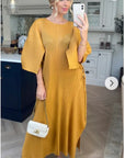 Full Length Pleated maxi dress with cap sleeves in Yellow