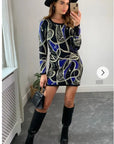 Knitted Bodycon Dress with Metallic Gold/Blue Abstract Print