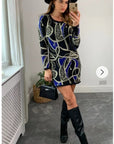 Knitted Bodycon Dress with Metallic Gold/Blue Abstract Print