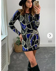 Knitted Bodycon Dress with Metallic Gold/Blue Abstract Print