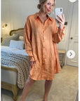 Oversized long shirt dress in textured jacquard design fabric orange color