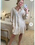 Oversized long shirt dress in textured jacquard design fabric beige color