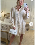 Oversized long shirt dress in textured jacquard design fabric beige color