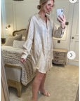 Oversized long shirt dress in textured jacquard design fabric beige color