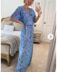 Floral Print Chiffon Wrap Maxi Dress (Blue Floral)