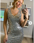 Plain color sequin V neck dress (Sliver)