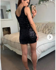 Plain color sequin V neck dress (Black)