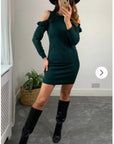 Cold Shoulder Frill Knitted Dress (Green)