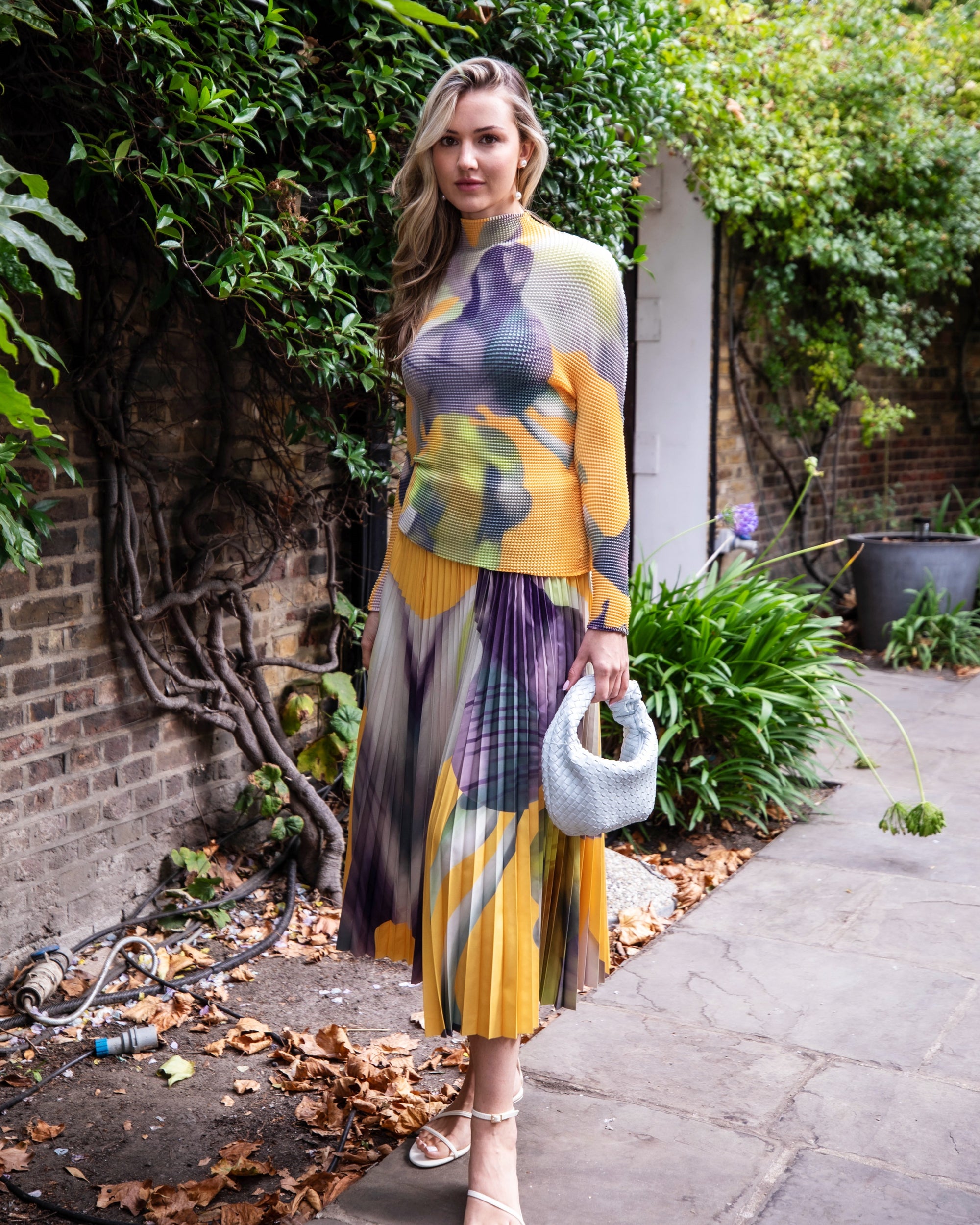 Floral Print Full Pleated Printed Top And Midi Skirt In Yellow