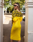 Yellow Leopard print color blocking Print Pleated Dress in Kimono sleeves