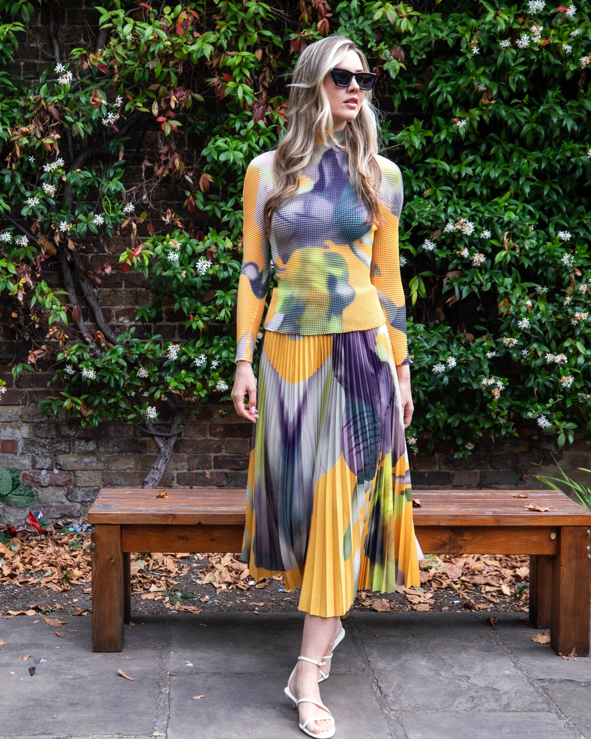 Floral Print Full Pleated Printed Top And Midi Skirt In Yellow