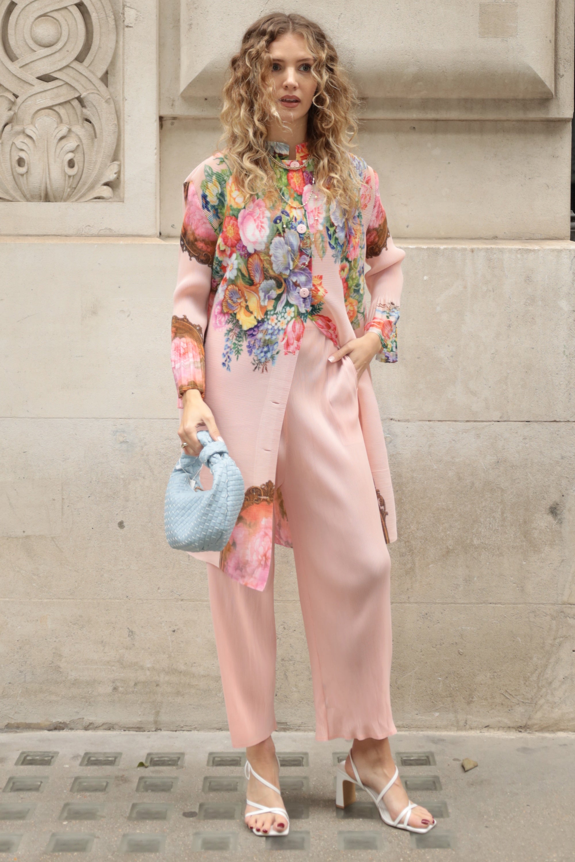 Full Pleated Floral Print Shirt And Trousers In Pink