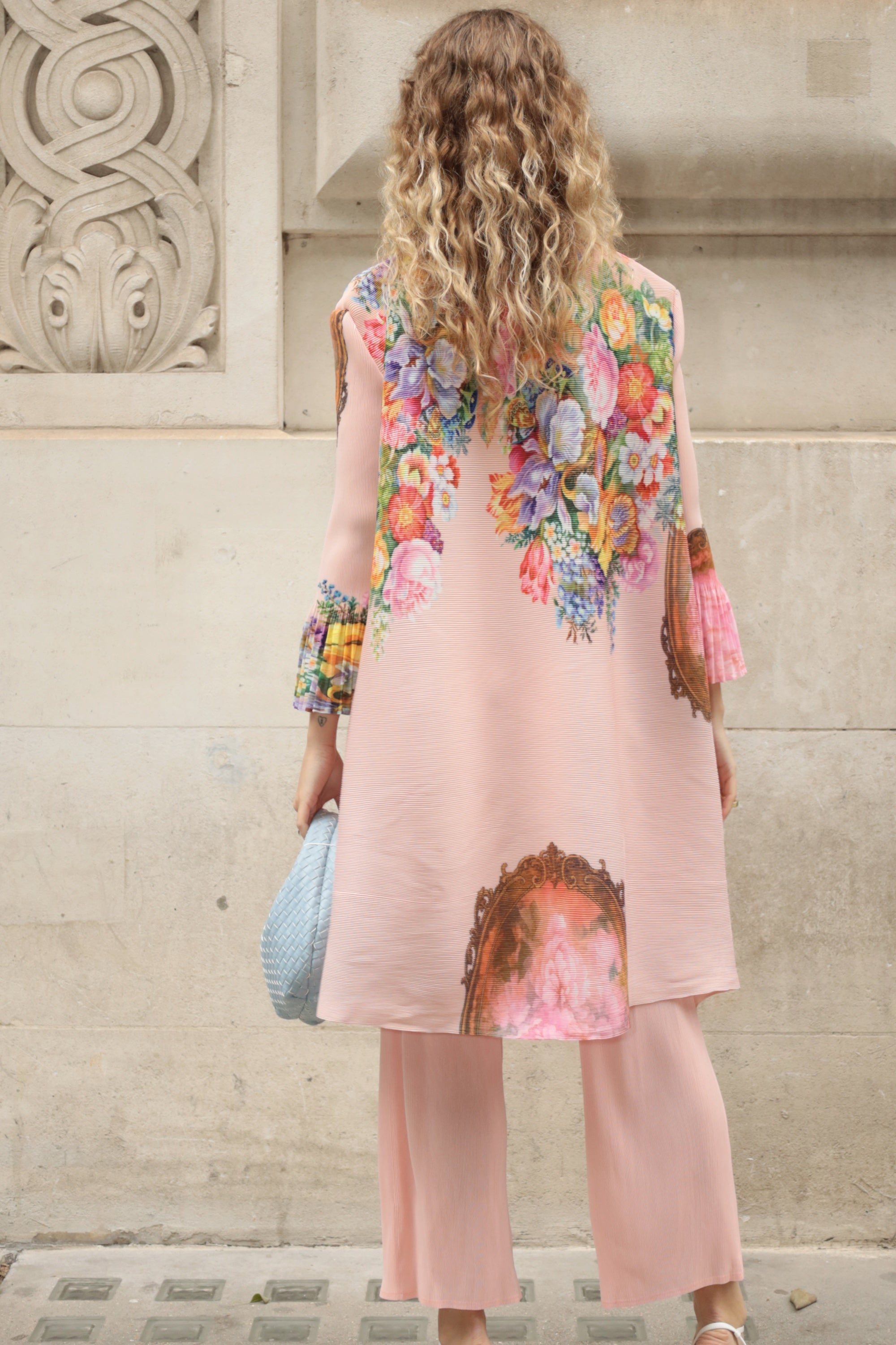 Full Pleated Floral Print Shirt And Trousers In Pink