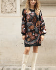 Floral Pattern Sequin Jumper Dress In Black