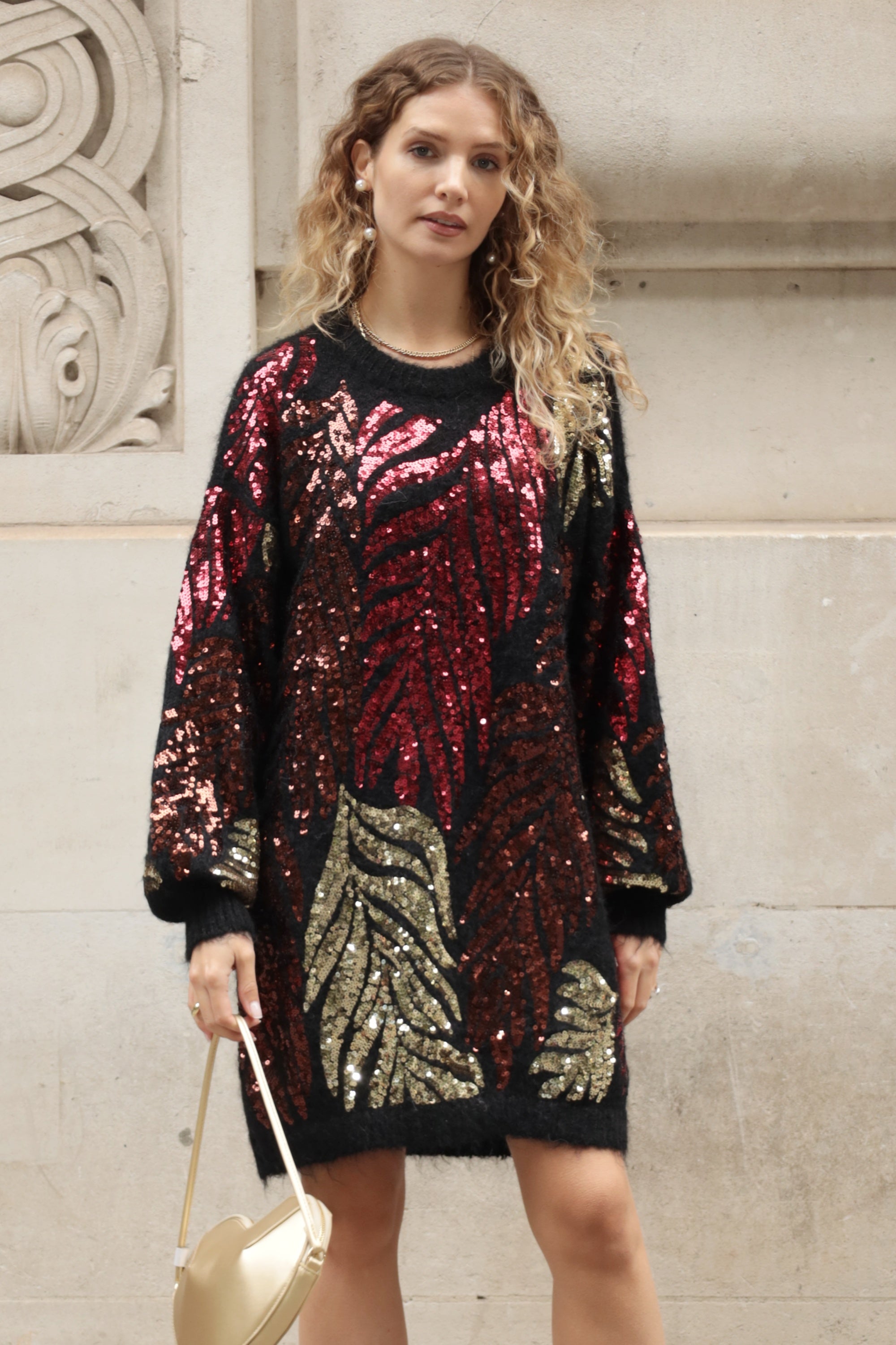 Leaves Pattern Sequin Jumper Dress In Black