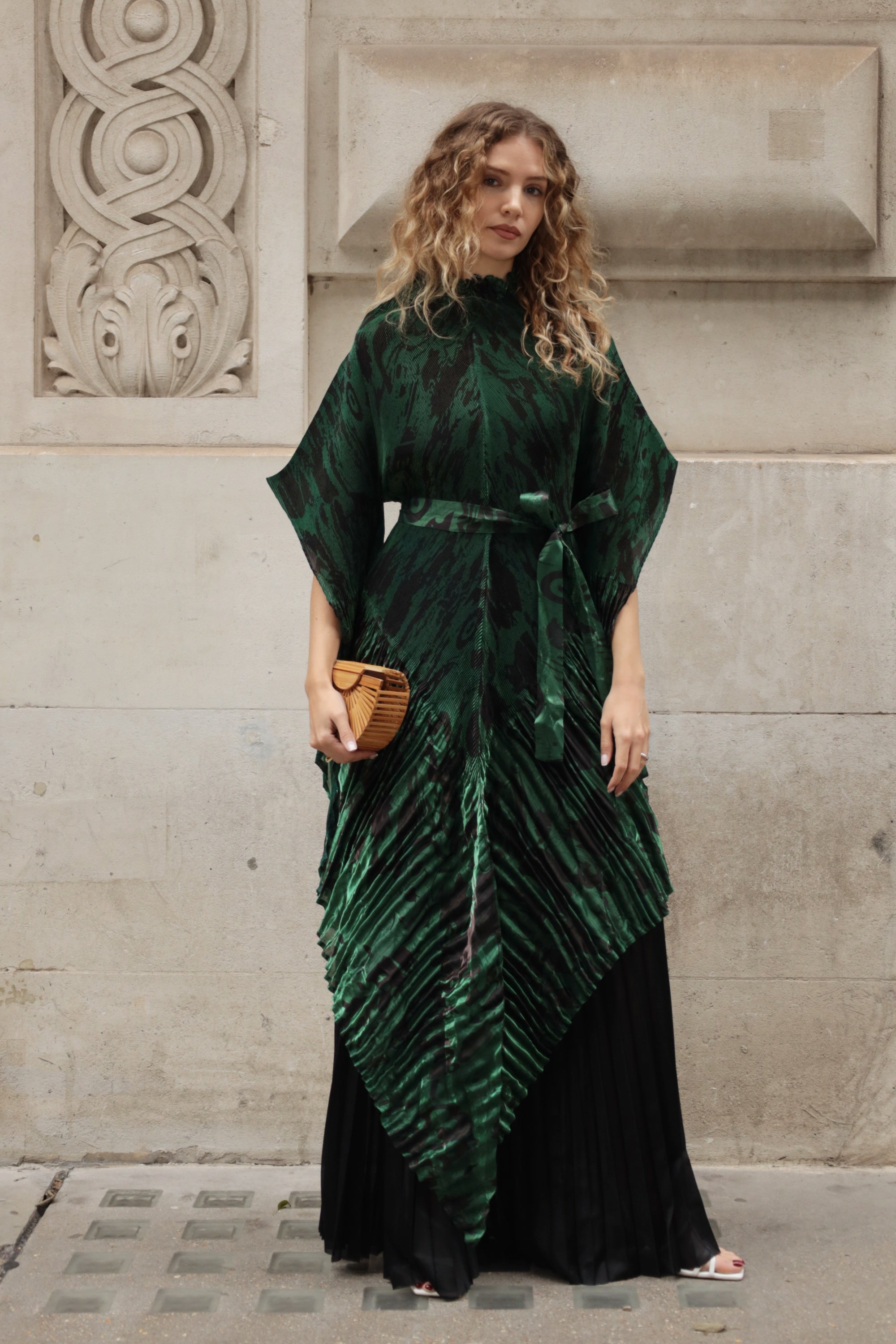 Full pleated Printed top and wide-leg trousers in Green