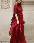 Full pleated Printed top and wide-leg trousers in Red