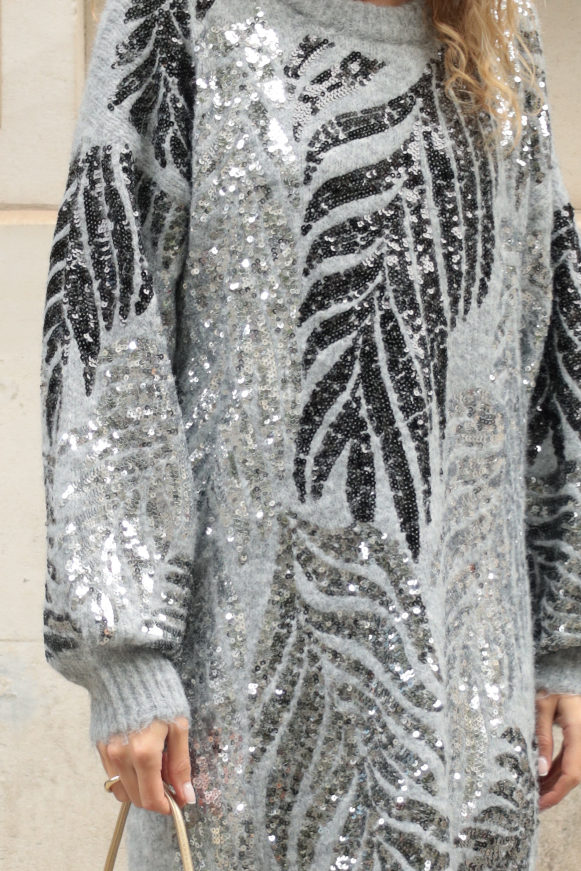 Leaves Pattern Sequin Jumper Dress In Grey
