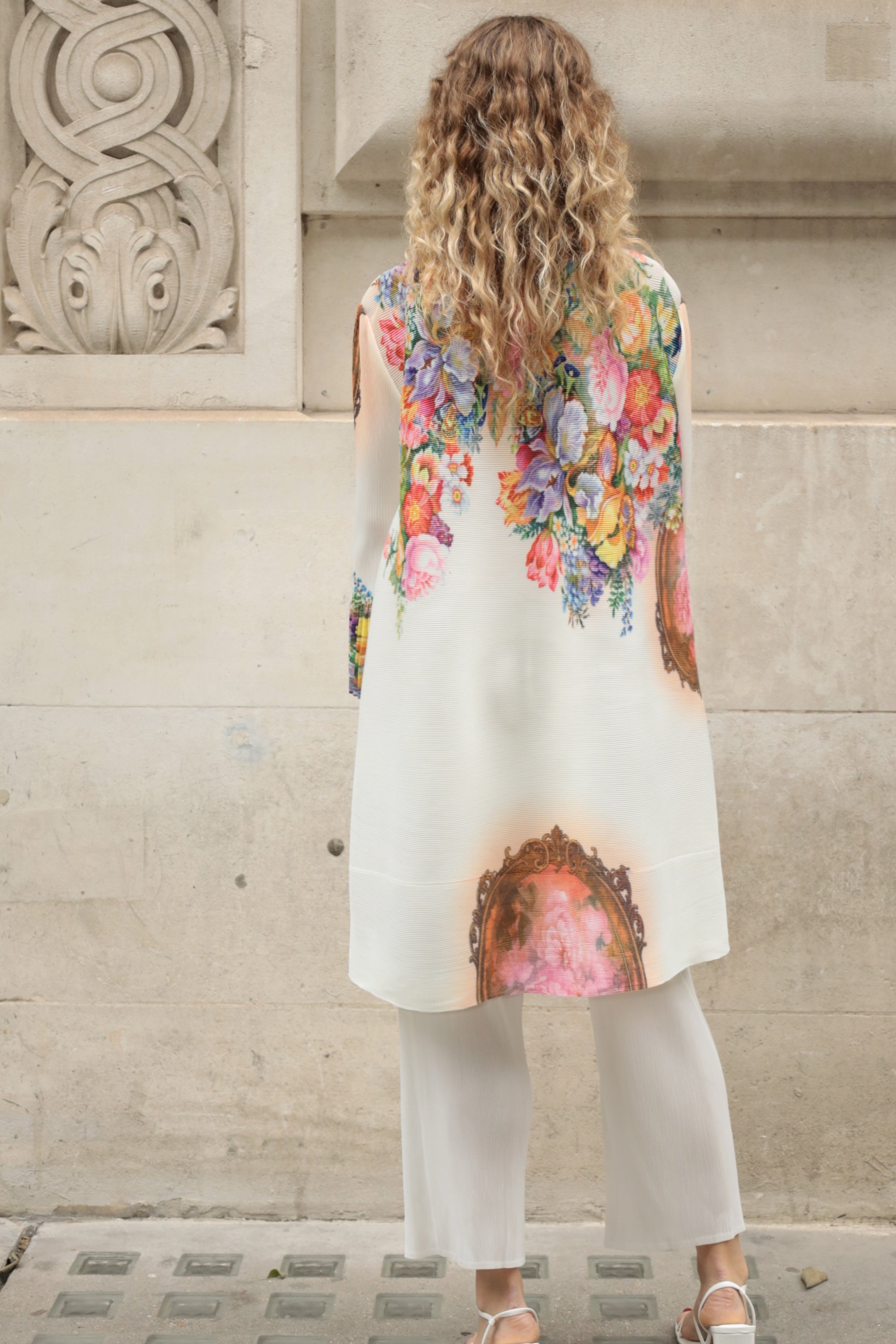 Full Pleated Floral Print Shirt And Trousers In White