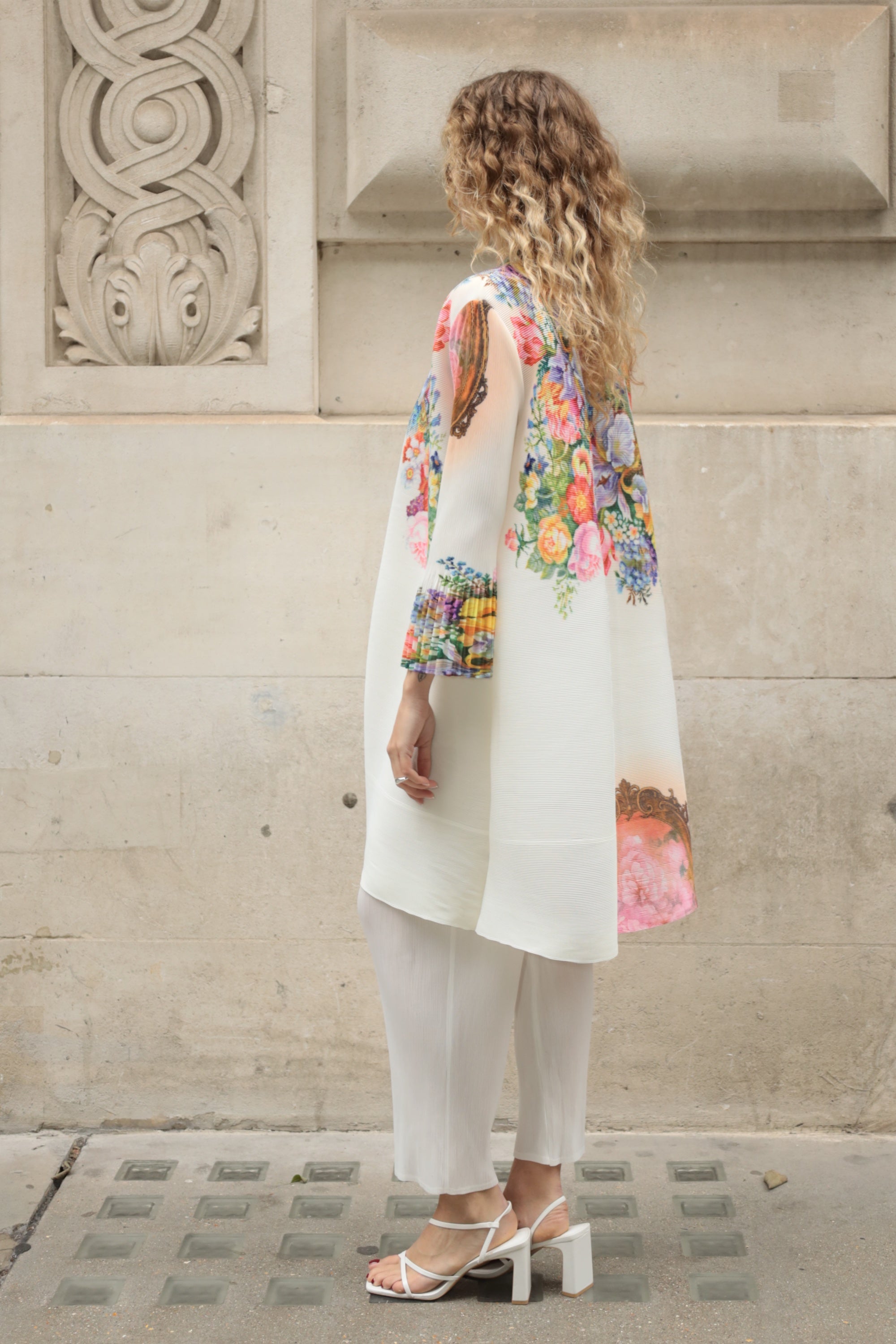 Full Pleated Floral Print Shirt And Trousers In White
