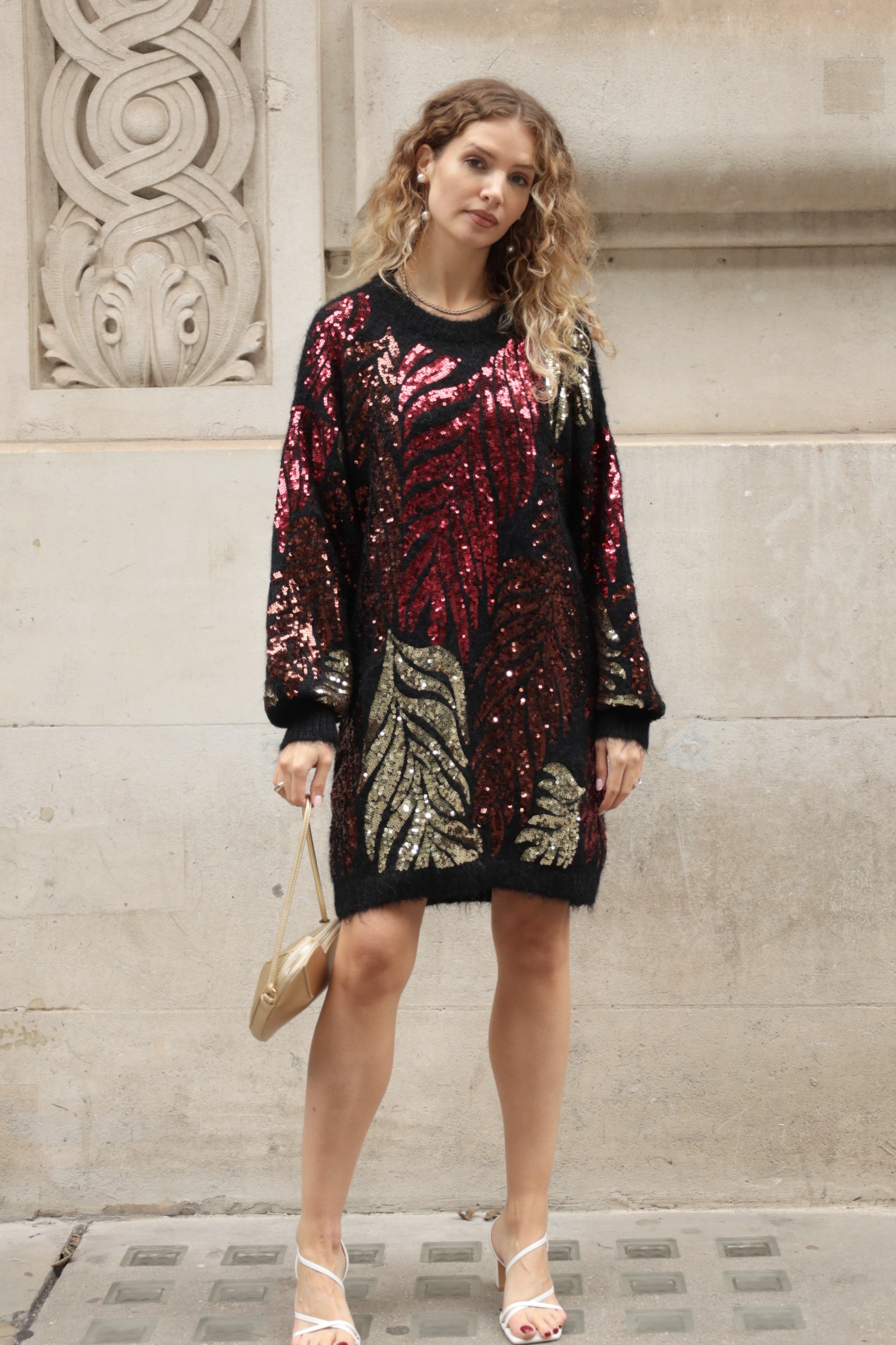 Leaves Pattern Sequin Jumper Dress In Black
