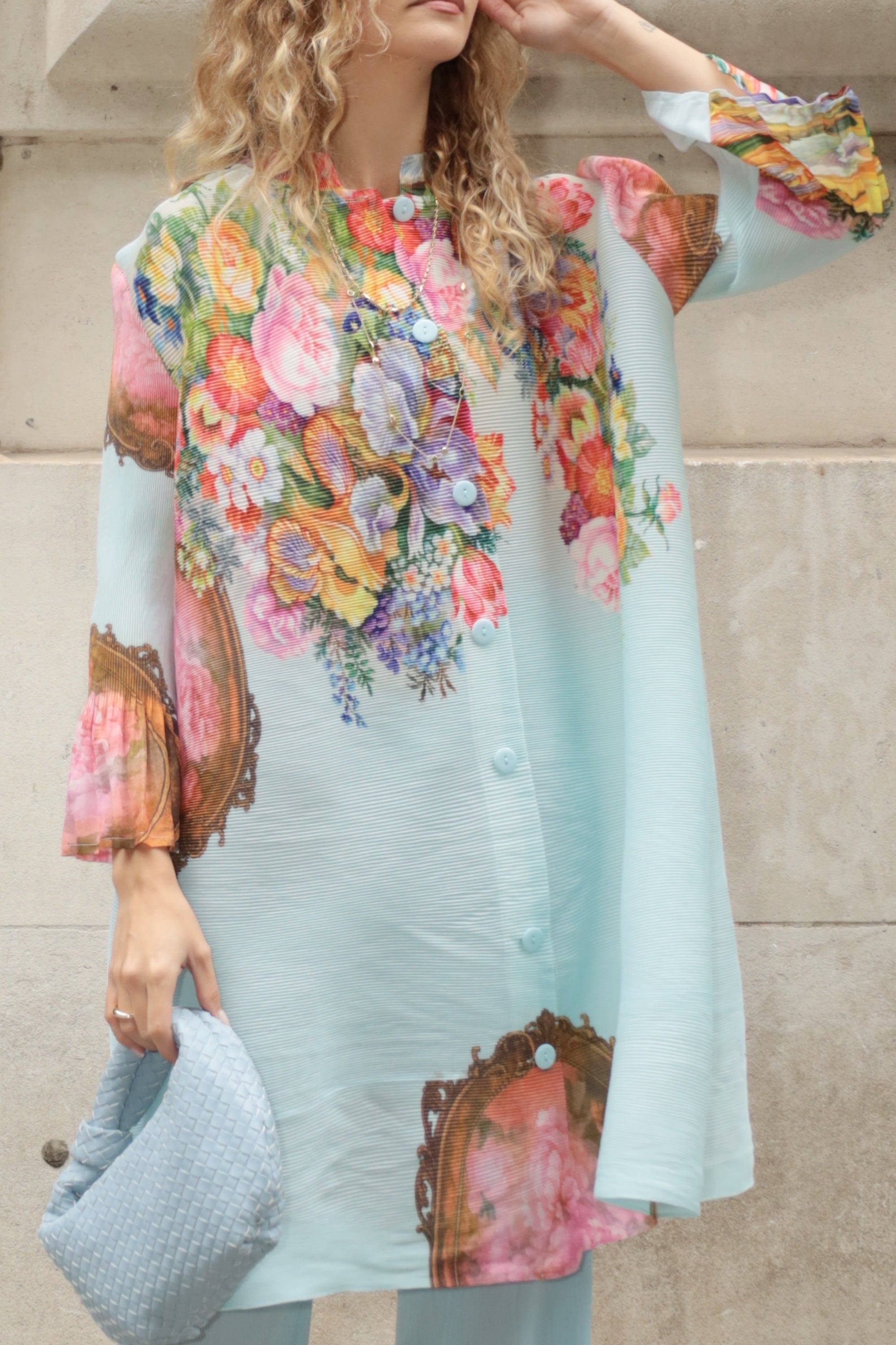 Full Pleated Floral Print Shirt And Trousers In Blue