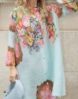 Full Pleated Floral Print Shirt And Trousers In Blue