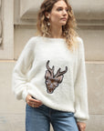 Reindeer patch embroidered fluffy jumper (White)