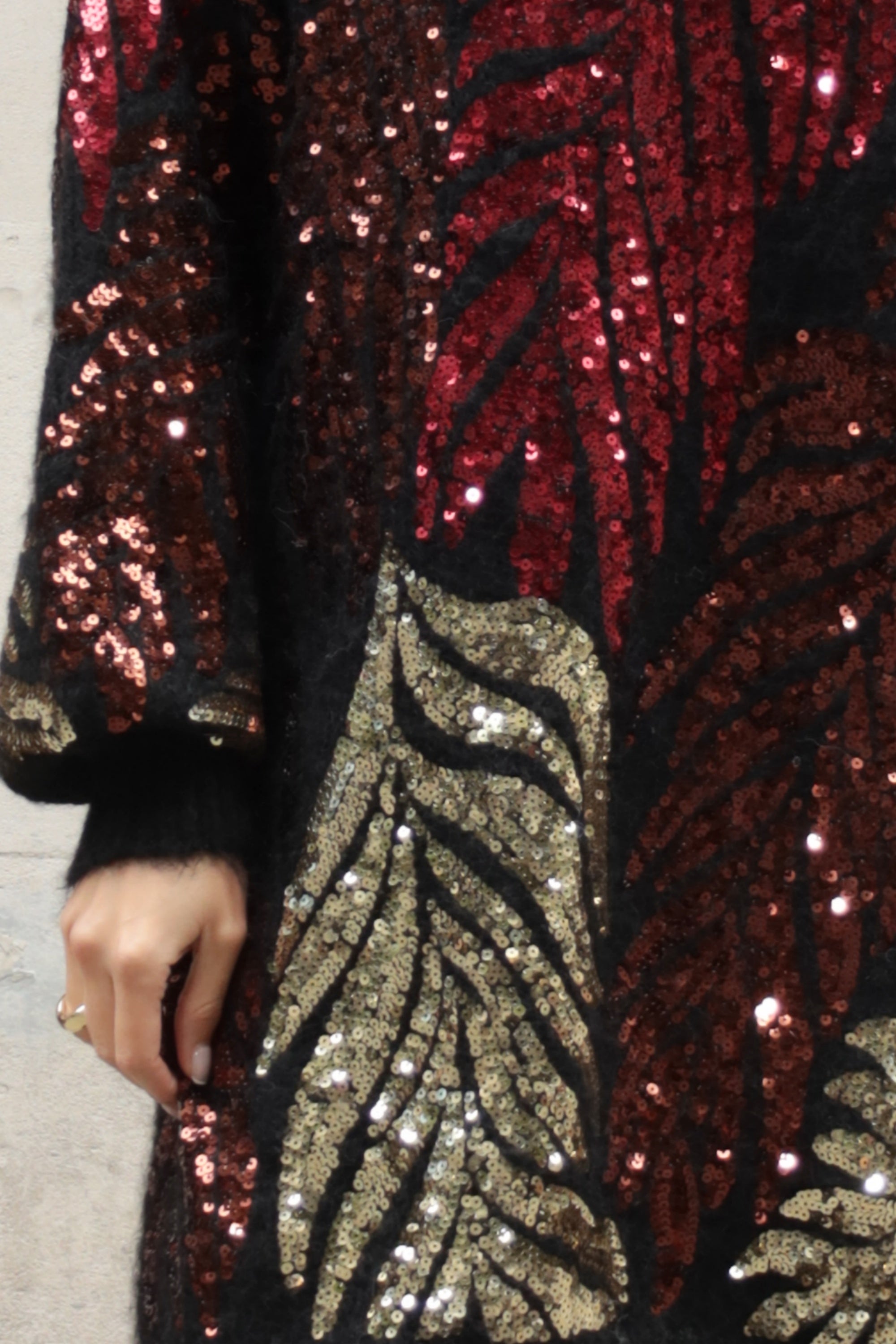 Leaves Pattern Sequin Jumper Dress In Black
