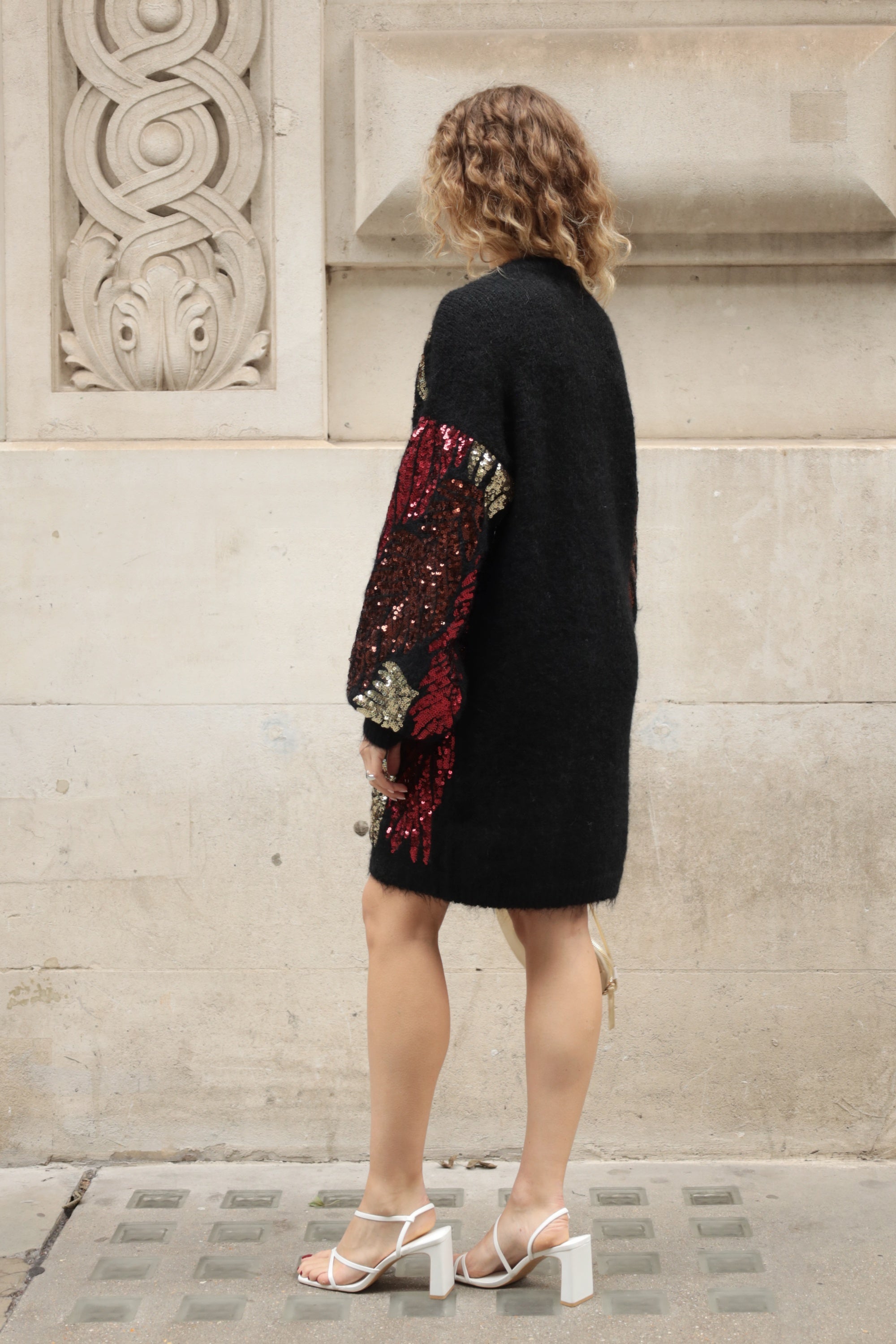 Leaves Pattern Sequin Jumper Dress In Black