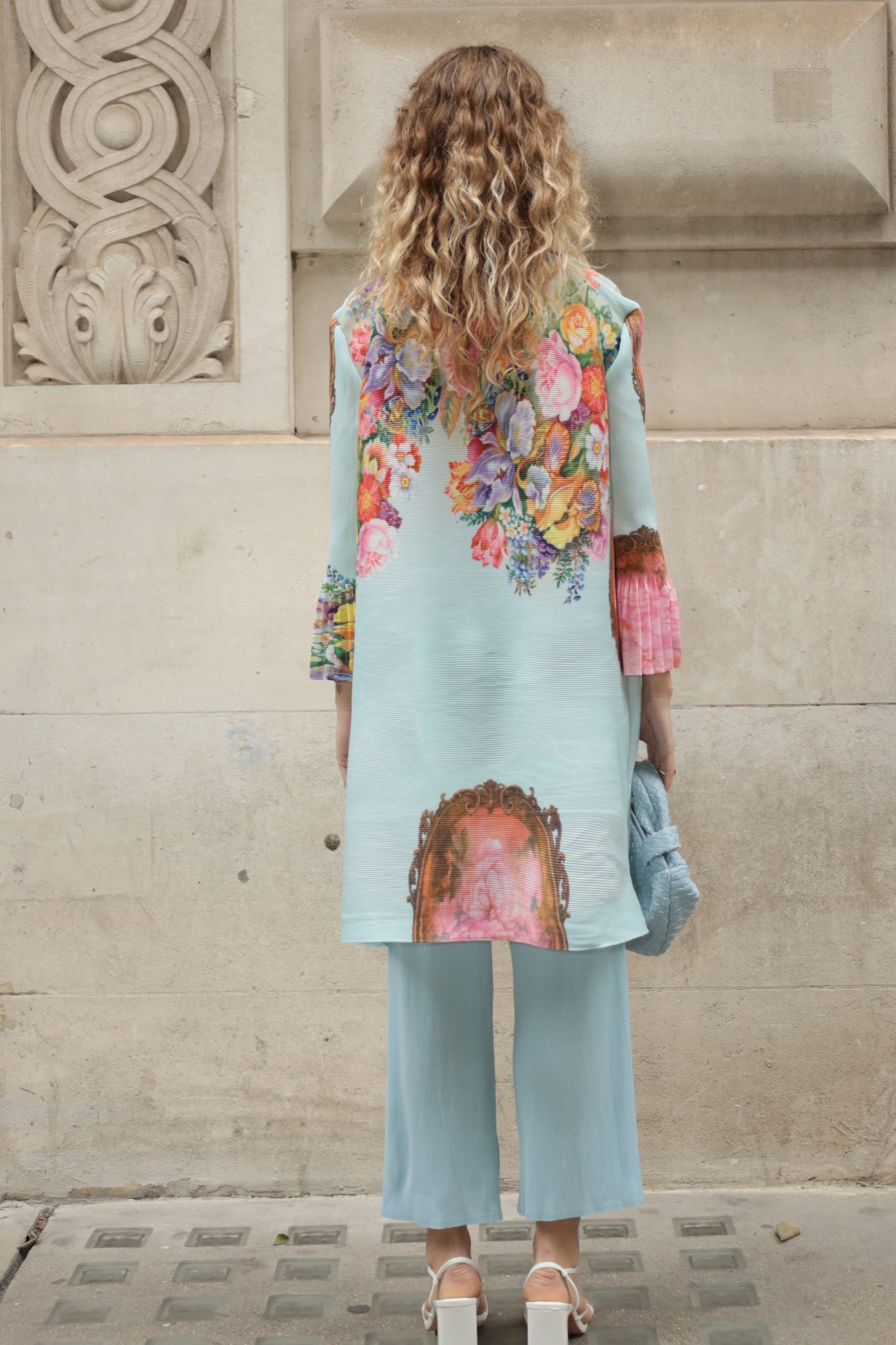 Full Pleated Floral Print Shirt And Trousers In Blue
