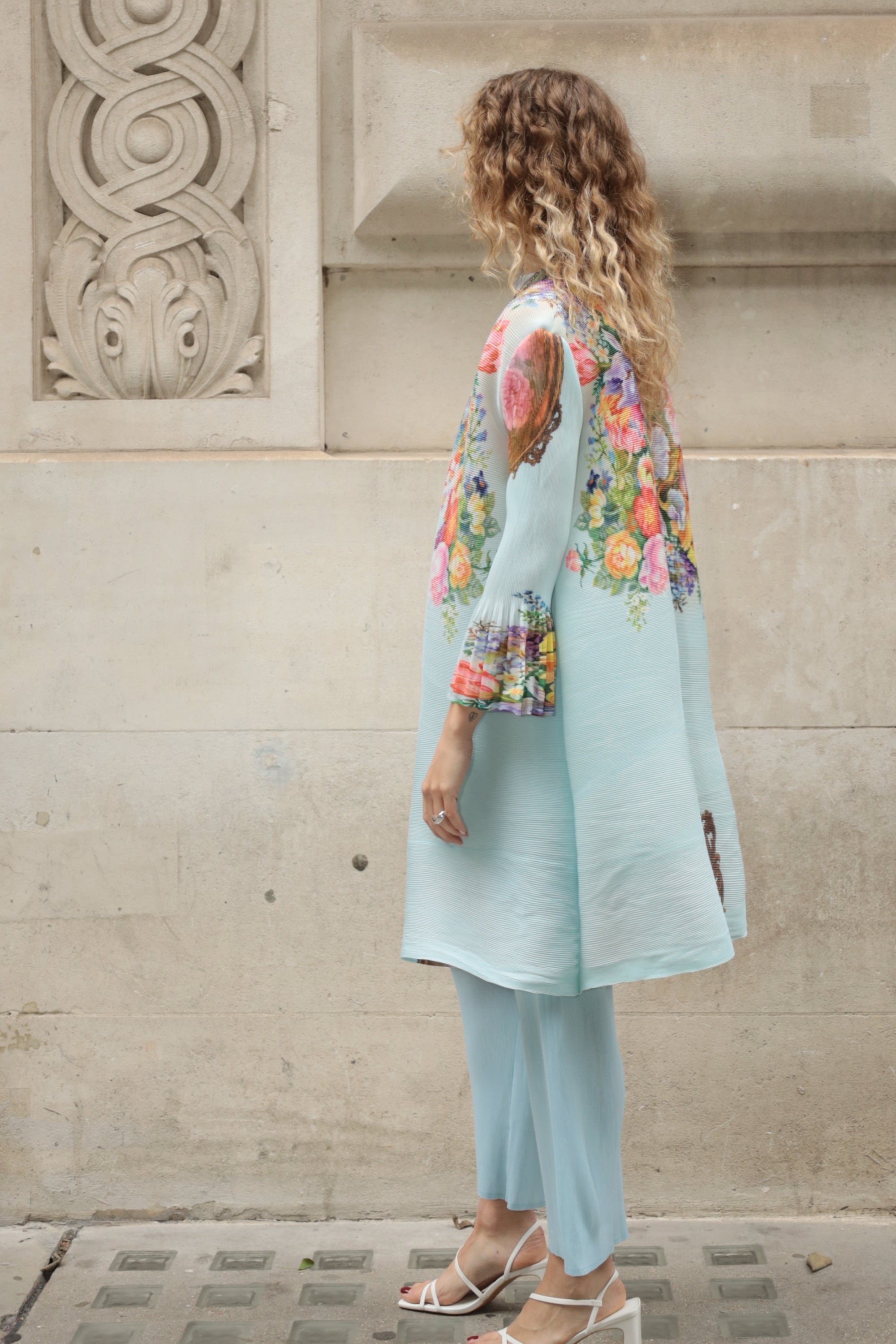Full Pleated Floral Print Shirt And Trousers In Blue