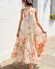 Multi floral print Organza feeling Halter neck maxi dress in Red