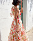 Multi floral print Organza feeling Halter neck maxi dress in Red