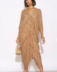 Layers Multi Fringed Tassel Pleated Midi Dress in Mocca