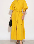 Cotton blend oversized shirt dress with ruffle sleeves design in yellow