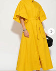 Cotton blend oversized shirt dress with ruffle sleeves design in yellow