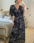 Floral Print Chiffon Wrap Maxi Dress (Black/grey print )