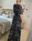 Floral Print Chiffon Wrap Maxi Dress (Black/grey print )