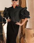 Double Layered Ruffles statements sleeves shirt top in Black