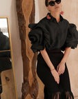 Double Layered Ruffles statements sleeves shirt top in Black