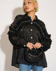 Pleated ruffles with multi dimoned stone embellished sleeves design organza shirt in black