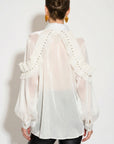 Pleated ruffles with multi dimoned stone embellished sleeves design organza shirt in white