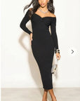 Soft Knit off the shoulder neckline long sleeves bodycon dress in black