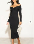 Soft Knit off the shoulder neckline long sleeves bodycon dress in black