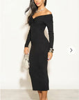 Soft Knit off the shoulder neckline long sleeves bodycon dress in black