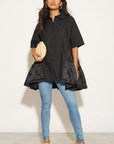 Oversized Short Sleeve Shirt with Frill Detail on Sides in Black