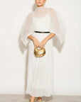Pleated long dress with organza pleated cape sleeves in White