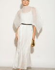 Pleated long dress with organza pleated cape sleeves in White